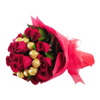 Send Online 16 pcs Ferrero Rocher 24 Red Roses Bouquet to Mumbai