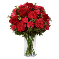 Online Red Roses Red Carnations in Vase 20 Flowers in Mumbai with Rakhi