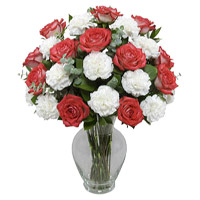 Friendship Day Flowers Delivery. Red Rose White Carnation Vase 18 Flowers