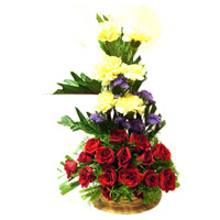 Get Diwali Flowers to Mumbai. Red Rose Yellow Carnation Basket 30 Flowers in Mumbai Online