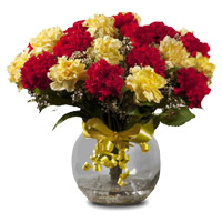 Send New Year Flowers to Mumbai Same Day Delivery Red Yellow Carnation Vase 18 Flowers to Andheri