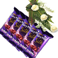 Order 5 Cadbury Silk Bubbly Chocolate With 3 White Roses Delivery in Mumbai