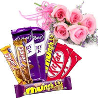 Send Friendship Gift to Mumbai . order Twin Five Star, Dairy Milk, Munch, Kitkat Chocolates with 5 Pink Roses