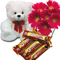 Send Gifts to Mumbai, 6 Red Gerbera, 6 Inch Teddy Bear and 4 Five Star Chocolates