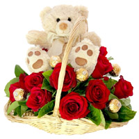 Deliver Good Gifts for Friends of 12 Red Roses flowers to Mumbai, 10 Ferrero Rocher and 9 Inch Teddy Basket on Friendship Day