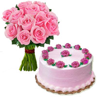 Friendship Day Cakes of 1/2 Kg Strawberry Cake with 12 Pink Roses Bouquet to Mumbai