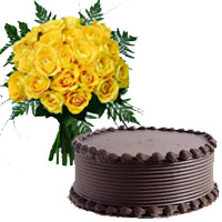 Buy or Send New Year Gifts to Pune consist of 1/2 Kg Chocolate Cake 18 Yellow Roses Bouquet in Mumbai