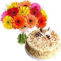 Online Delivery of Cakes for Friends. 1 Kg Butter Scotch Cake 12 Mix Gerbera Bouquet to Mumbai 