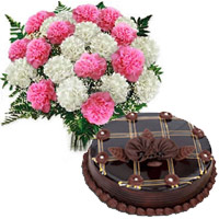 Place order for Diwali Flowers to Mumbai to send 1 Kg Chocolate Cake 12 Pink White Carnation Bouquet Mumbai