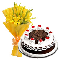Online Diwali Gifts Delivery to Mumbai to send 3 Yellow Lily 1/2 Kg Black Forest Cake