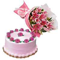Diwali Gifts Delivery in Mumbai to deliver 5 Pink Lily Bouquet 1/2 Kg Strawberry Cake