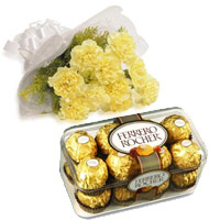 Order Rakhi to Mumbai with 10 Yellow Carnation 16 Pcs Ferrero Rocher Chocolate to Mumbai Same Day Delivery