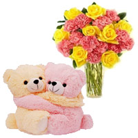 24 Pink Carnation Yellow Rose Vase With Hugging Teddy Bear