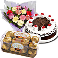 Deliver Online 12 Mix Carnation, 1/2 Kg Black Forest Cake, 16 Pcs Ferrero Rocher Mumbai. Friendship Day special Gifts