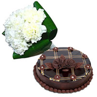 Order Online 12 White Carnation, 1 Kg Chocolate Cake to Mumbai with