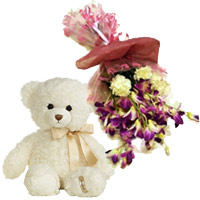 Online Friendship Day Flowers of 6 Purple Orchids 6 Yellow Carnations Bunch 6 Inch Teddy in Mumbai