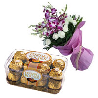 Send 8 Orchids 12 White Rose Bouquet 16 Pcs Ferrero Rocher Chocolates to Mumbai