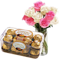 Deliver Rakhi to Mumbai with 10 Pink White Roses Vase 16 Pcs Ferrero Rocher Chocolate
