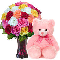 24 Mix Roses Vase 6 Inch Teddy Bear, Send Friendship Day to Mumbai Same Day Delivery