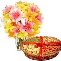 Friendship Day Gift Delivery in Mumbai for Friendship Day. 10 Mix Lily Vase, 1 Kg Mix Dry Fruits