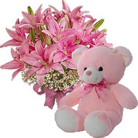Send Online New Year FLowers to Mumbai including 6 Oriental Pink Lily, 6 Inch Teddy Bear in Mumbai