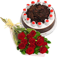 New Year Gifts Delivery in Mumbai including 12 Red Roses 1/2 Kg and Eggless Black Forest Cake to Mumbai