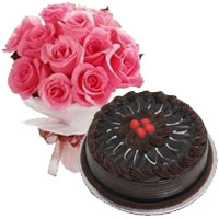 Deliver Special friend Gifts Online 12 Pink Roses 1 Kg Eggless Chocolate Cake to Mumbai 