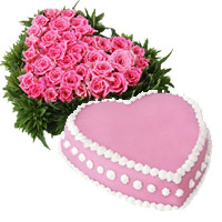 Order Diwali Gifts to Mumbai that include 36 Pink Roses Heart 1 Kg Eggless Strawberry Cake