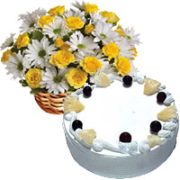 Place Order for New Year Flower Delivery in Mumbai to send 30 White Gerbera Yellow Roses Basket and 1 Kg Eggless Pineapple Cake to Mumbai