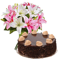 Send Gifts for Your Best Friend 6 Pink White Lily 1 Kg Chocolate Cake to Mumbai From 5 Star Hotel. Flowers to Mumbai