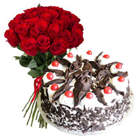 send delicious New Year Cakes to Mumbai with 24 Red Roses with 1 Kg Black Forest Cakes Online from 5 Star Bakery