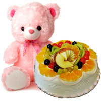 Gift of 12 Inch Teddy with 1 Kg Eggless Fruit Cake from 5 Star Bakery, Friendship Day Cakes to Mumbai