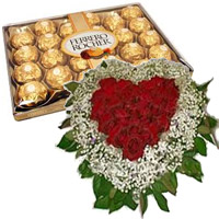 New Year Gifts Delivery in Mumbai with 50 Red Roses White Daisies Heart with 24 pcs Ferrero Rocher Chocolates in Mumbai