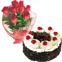 Deliver Christmas Flowers in Mumbai. 1 Kg Black Forest Cake with 12 Red Roses Bouquet