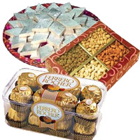 Deliver 1 Kg Dry Fruits with 1/2 Kg Kaju Katli and 16 Pcs Ferrero Rocher Chocolate with Durga Puja Gifts to Mumbai