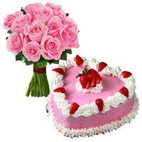 Same Day Cake Delivery to Mumbai for 1 Kg Strawberry Cake 12 Pink Roses Bouquet