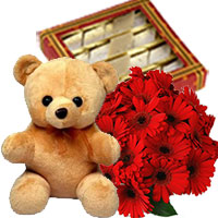 Deliver Gifts in Mumbai. Basket of 12 Gerbera Bouquet with 1/2 Kg Kaju Burfi and 1 Teddy Bear
