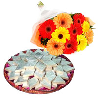 Deliver 12 Mix Gerbera with 1 Kg Kaju Barfi Sweets and Gifts to Mumbai