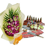 Send Diwali Gifts to Mumbai including 5 Orchids with Assorted Crackers.