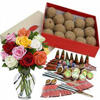 Deliver Diwali Gifts to Mumbai that include 500gm Atta Laddoos and 12 Mix Roses in Glass Vase with Assorted Crackers worth Rs 1800.