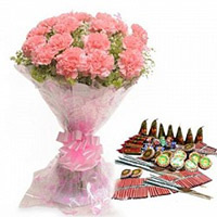 Deliver Diwali Gifts in Mumbai consist of 24 Pink Carnation Bouquet with Assorted Crackers worth Rs 1500