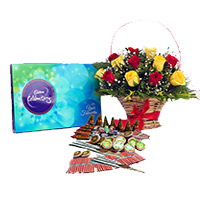 Place Order for Diwali Gifts to Navi Mumbai along with 1 Celebration Pack and 18 Red Yeloow Mix Flowers Basket with Assorted Crackers worth Rs 1200.