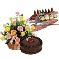 Send Diwali Gifts with Crackers to Mumbai conatins 500gm Chocolate Cakes and 20 Mix Roses Basket with Assorted Crackers worth Rs 1200