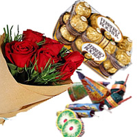 Best Diwali Gifts to Mumbai additionally Send 16 Pcs Ferrero Rocher and 12 Red Roses Bunch with Assorted Crackers worth Rs 500