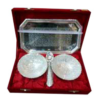 Place Order to Send Christmas Gifts to Mumbai comprising Silver Plated Set(1 Tray, 2 Bowls, 1 Spoon) in Brass