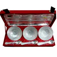 Christmas Gifts Delivery in Mumbai consisting Silver Plated Set (1 Tray, 3 Bowls , 3 Spoon) in Brass