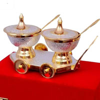 Buy Two Gold Plated Bowl on Cart in Brass in Navi Mumbai. Online Christmas Gifts to Mumbai.