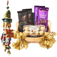 Diwali Gifts to Mumbai deliver Door Hanging 2 with Silk, Bournville and Ferrero Rocher Chocolate Basket
