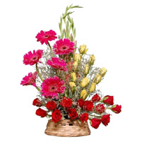 Send Pink Gerbera Yellow Red Roses Basket 30 Flowers to Mumbai on Friendship Day