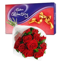 Diwali Flowers in Thane. Cadbury Celebration Pack with 12 Red Roses Bunch